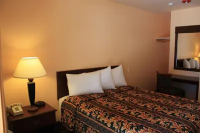 a hotel room with a bed with a lamp and a mirror at Gold Trail Motor Lodge in Placerville