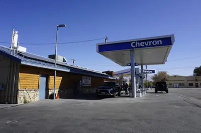 a chevron gas station with a car parked at it at Bristlecone Motel in Big Pine