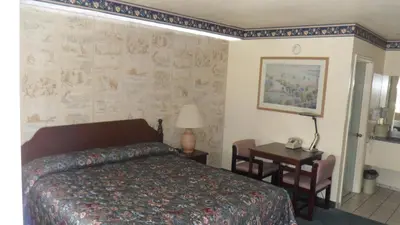 a bedroom with a bed and a desk and a table at Budget Inn of Lodi in Lodi