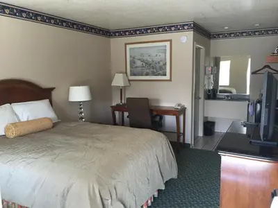 a hotel room with a bed and a desk at Budget Inn of Lodi in Lodi