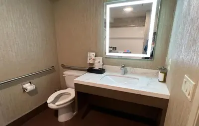 a bathroom with a toilet and a sink and a mirror at Empeiria High Sierra Hotel in Mammoth Lakes