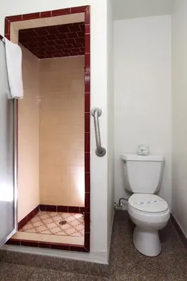 a bathroom with a shower with a toilet in it at King's Rest Motel in Gilroy