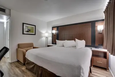 a hotel room with a large bed and a chair at Econo Lodge Stockton near I-5 Fairgrounds in Stockton