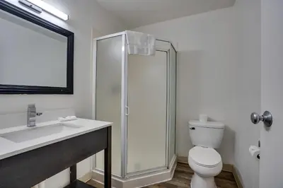 a bathroom with a shower and a toilet and a sink at Econo Lodge Stockton near I-5 Fairgrounds in Stockton