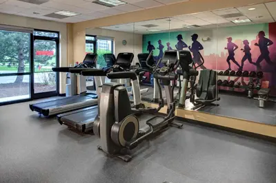 a gym with cardio machines and a wall mural at Hyatt Place Sacramento Rancho Cordova in Rancho Cordova