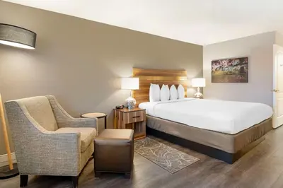 a hotel room with a large bed and a chair at Best Western Cedar Inn & Suites in Angels Camp