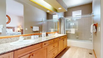 a bathroom with a sink and a shower at Snowcreek V #997 Condo in Mammoth Lakes