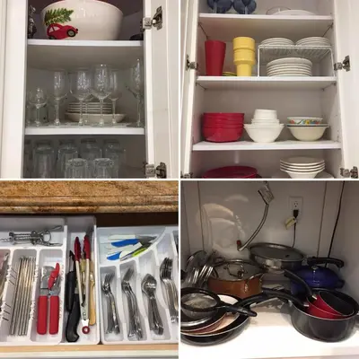 a kitchen cabinet filled with dishes and utensils at Carriage House at Yosemite in Fish Camp