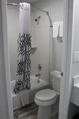 a bathroom with a toilet and a shower curtain at SureStay Hotel by Best Western Chowchilla Yosemite in Chowchilla