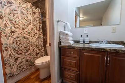 a bathroom with a sink and a toilet with a shower curtain at Birch Creek #1 - 1BR/1BA - Down Canyon in June Lake