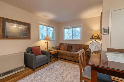 a living room with a couch and a table at Birch Creek #1 - 1BR/1BA - Down Canyon in June Lake