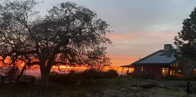 a house with a tree in front of a sunset at McMillan Ranch Yosemite in Coarsegold