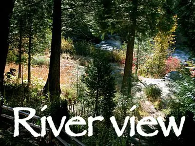 a river in a forest with the words river view at StrawberryInn River Front Resort in Strawberry