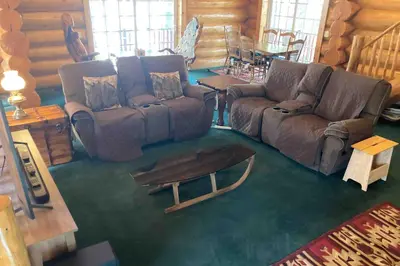 a living room with two couches and a coffee table at Vienna Villa - 3 Bed 3 Bath Vacation home in Shaver Lake in Shaver Lake