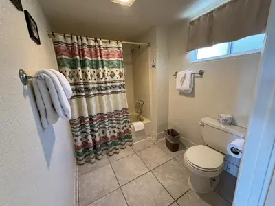 a bathroom with a toilet and a shower curtain at Barewood Inn & Suites in Wofford Heights