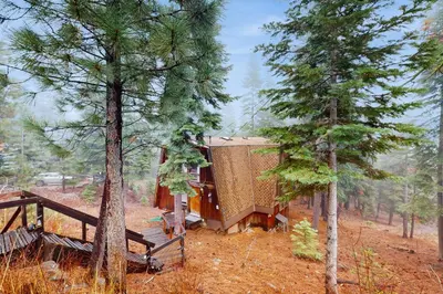 a cabin in the woods with trees at Retro Family Gathering Home in Tahoe Donner in Truckee