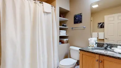 a bathroom with a shower curtain and a toilet at Mammoth Green #120 Condo in Mammoth Lakes