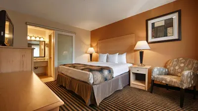 a hotel room with a bed and a chair at Best Western Palm Court Inn in Modesto
