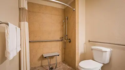 a bathroom with a toilet and a shower at Best Western Palm Court Inn in Modesto