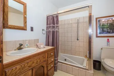 a bathroom with a sink and a shower and a toilet at Yosemite Cub's Cabin in Yosemite West