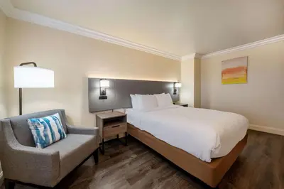a hotel room with a bed and a chair at Comfort Inn Gilroy in Gilroy