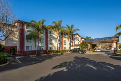 a parking lot in front of a building with palm trees at Comfort Inn Gilroy in Gilroy