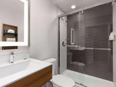 a bathroom with a shower and a sink and a toilet at Microtel Inn & Suites by Wyndham Tracy in Tracy
