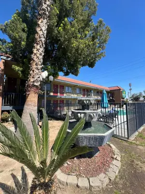 a park bench under a tree in front of a building at Fresno Inn in Fresno