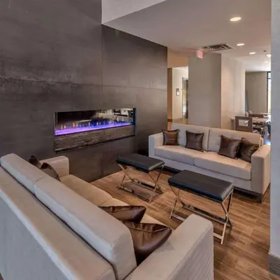 a living room with a couch and a fireplace at Hampton Inn & Suites South Lake Tahoe in South Lake Tahoe