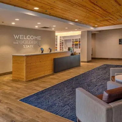 a lobby with a welcome to the golden state sign at Hampton Inn & Suites South Lake Tahoe in South Lake Tahoe