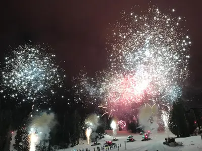 a group of trees with fireworks in the sky at Mammoth Ski Racquet Club 115 in Mammoth Lakes