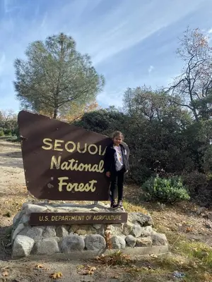 a man standing next to a sign for a national forest at Sequoia National Forest CabinM in Panorama Heights