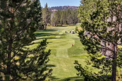 a view of a golf course through the trees at Tuna Bush in Truckee