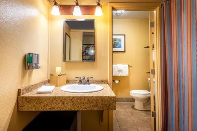a bathroom with a sink and a toilet at Yosemite Valley Lodge in Yosemite Village
