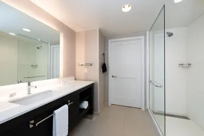 a bathroom with a sink and a shower at Residence Inn Visalia in Visalia