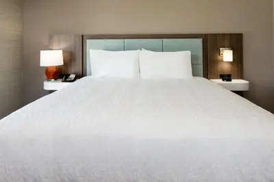 a large white bed in a hotel room with two lamps at Hampton Inn & Suites Gilroy, Ca in Gilroy
