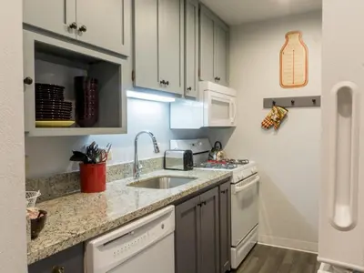 a kitchen with white cabinets and a sink at Studio Apartment in Truckee