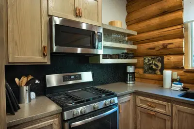 a kitchen with a stove and a microwave at 38 The Mini Cabin in Wawona