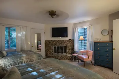 a bedroom with a bed and a fireplace and a tv at 43 The Last Resort in Wawona