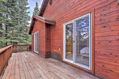 a wooden deck on the side of a house at Family Tahoe Donner Retreat Less Than 2 Mi to Downhill Ski in Truckee