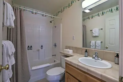 a bathroom with a sink and a toilet and a shower at Rustic Truckee Lodge with Rec Room - Near Northstar! in Truckee