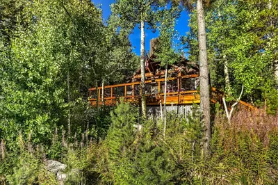 a yellow train in the middle of a forest at Rustic Riverfront Truckee Cabin with Deck and BBQ in Truckee