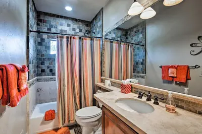 a bathroom with a sink and a toilet and a shower at Truckee Escape with Hot Tub Near Ski Resorts in Truckee