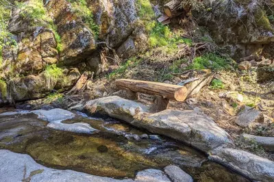 a bench sitting on the side of a stream at Creekside Cabin 8 Mi to Kings Canyon National Park in Miramonte