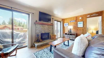 a living room with a couch and a fireplace at Hidden Valley #107 condo in Mammoth Lakes