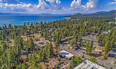 an aerial view of a town next to the ocean at The Elet Hotel in South Lake Tahoe