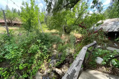 a wooden bridge in a garden with flowers and trees at Vans Yosemite Garden Cottage in Groveland
