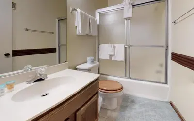 a bathroom with a sink and a toilet and a shower at Hidden Valley #104 condo in Mammoth Lakes