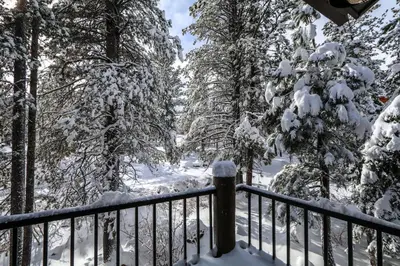 a balcony covered in snow next to trees at Forest Creek #29 condo in Mammoth Lakes