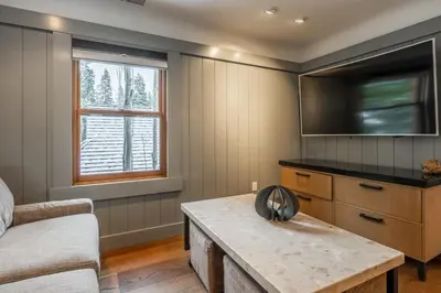 a living room with a couch and a tv at Cedar Crest-Stellars Jay Cottage 4 in Homewood